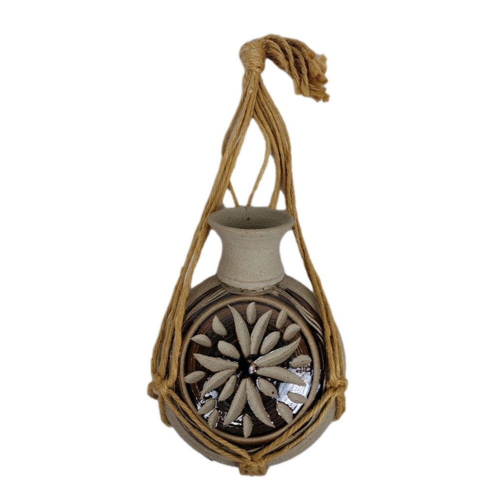 Southwest Art Pottery Hanging Ceramic Flat Planter W/ Textured Clay Decor BOHO